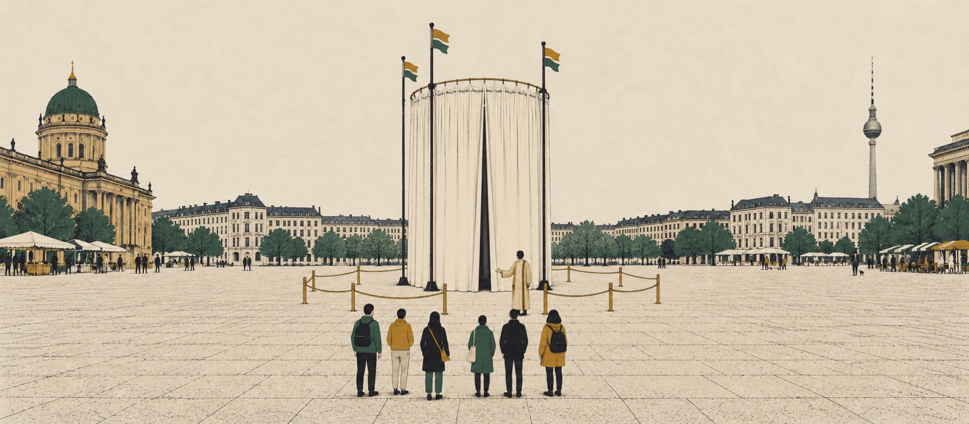 A tall round tower of unbleached curtains hanging from a ring on four slim poles, standing in a city square inside a rope perimeter.