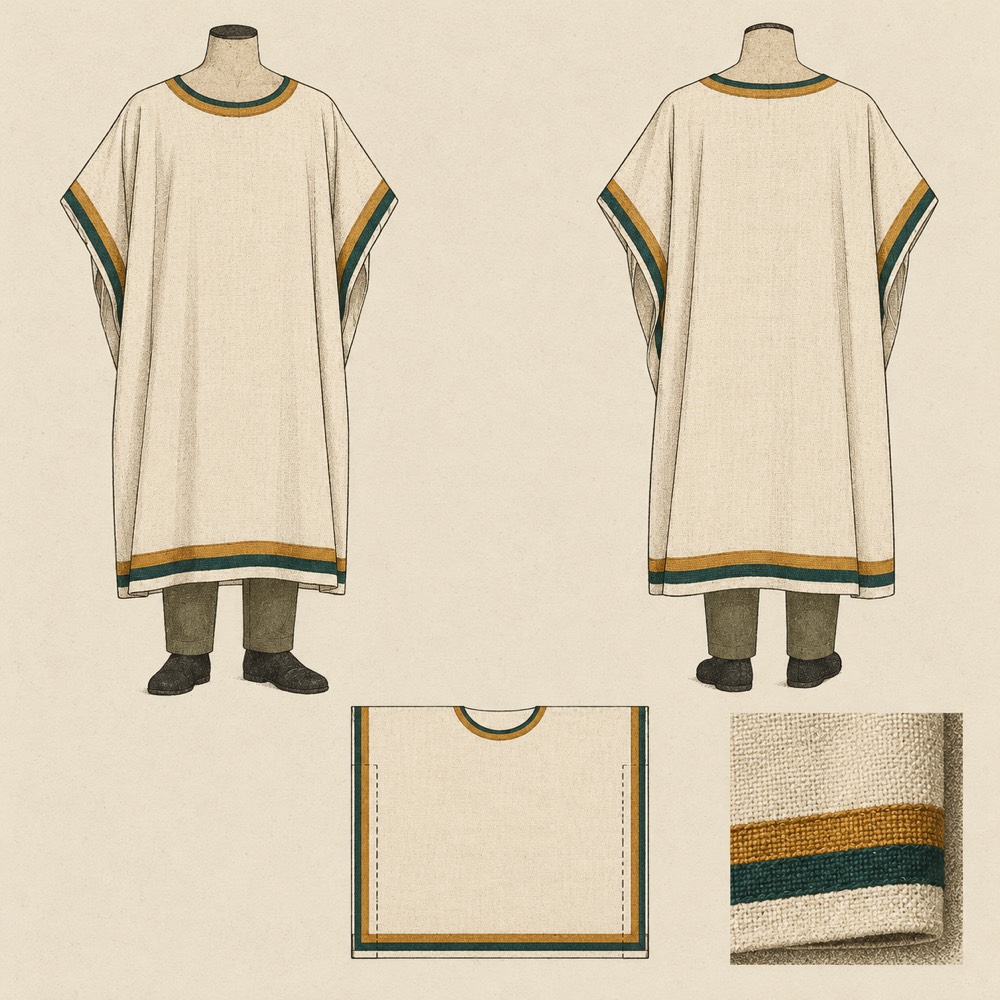 Two simple unbleached robes with ochre and deep-green trim, seen from front and back, with a cutting sketch and a close-up of the fabric.