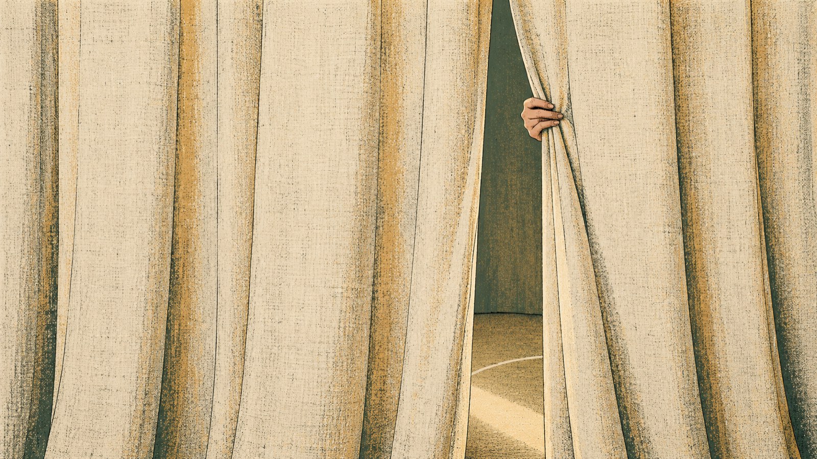 A hand holding a tall curtain slightly open, light falling through.