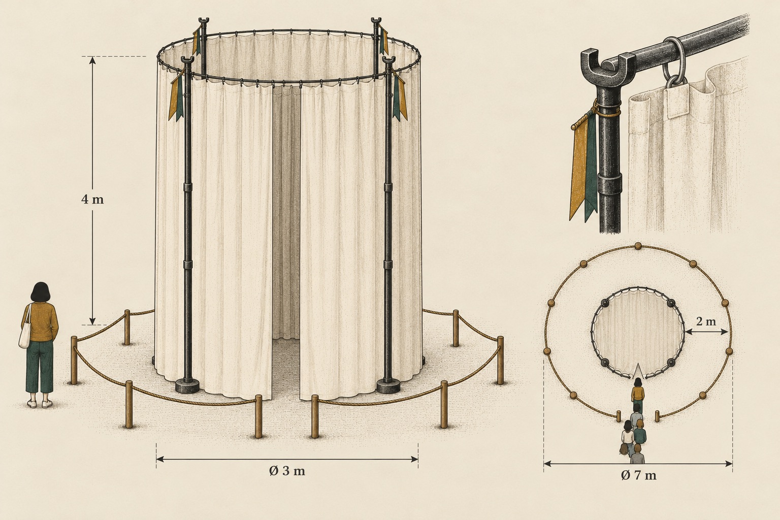 Technical drawing of the tower: Ø 3 m, 4 m high, inside a rope perimeter of Ø 7 m set 2 m from the curtain.